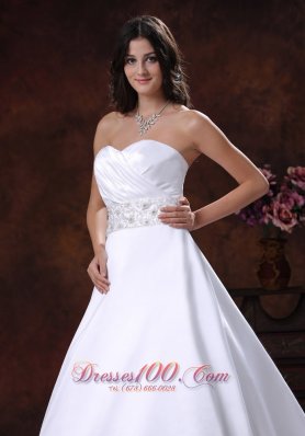 Satin Sweetheart Beaded Brush Train Wedding Dress