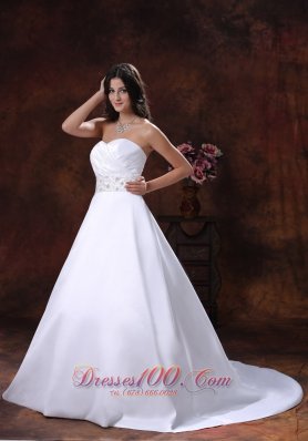 Satin Sweetheart Beaded Brush Train Wedding Dress