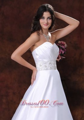 Satin Sweetheart Beaded Brush Train Wedding Dress