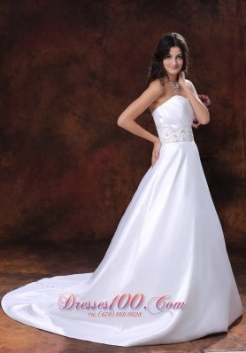 Satin Sweetheart Beaded Brush Train Wedding Dress