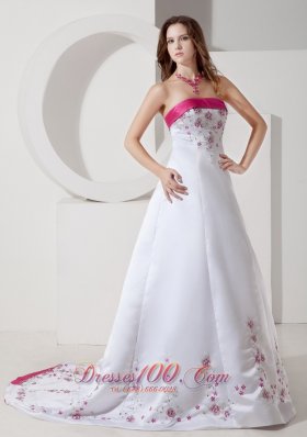 Hot Pink Embroidery Court Train Wedding Dress Colored