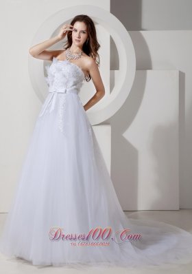 Tulle Chapel Train Embroidery Sashed Wedding Dress