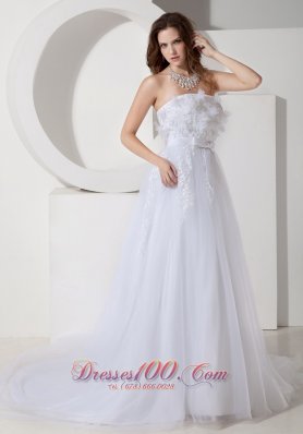 Tulle Chapel Train Embroidery Sashed Wedding Dress