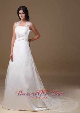 Square Lace Court Train Beaded Wedding Dress