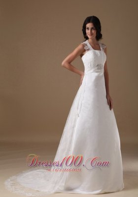 Square Lace Court Train Beaded Wedding Dress