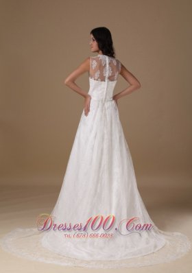 Square Lace Court Train Beaded Wedding Dress