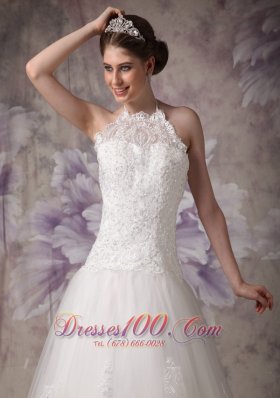 Halter Chapel Train Beading Lace Bridal Wedding Dress