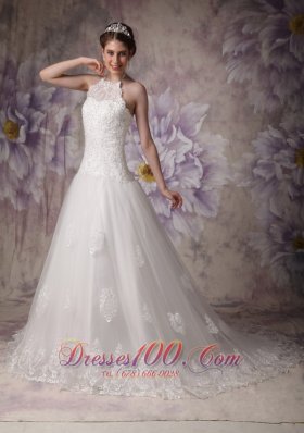 Halter Chapel Train Beading Lace Bridal Wedding Dress