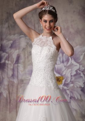 Halter Chapel Train Beading Lace Bridal Wedding Dress