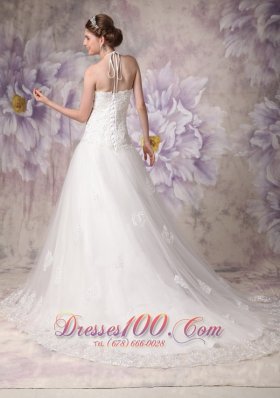 Halter Chapel Train Beading Lace Bridal Wedding Dress