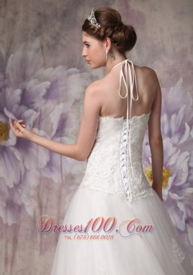 Halter Chapel Train Beading Lace Bridal Wedding Dress