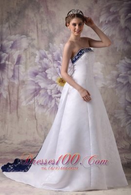 Satin Embroidery Chapel Train Wedding Dress With Color