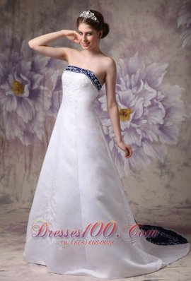 Satin Embroidery Chapel Train Wedding Dress With Color
