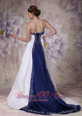 Satin Embroidery Chapel Train Wedding Dress With Color