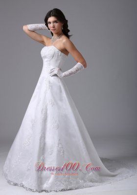 Strapless Lace A Line Wedding Dress With Gloves