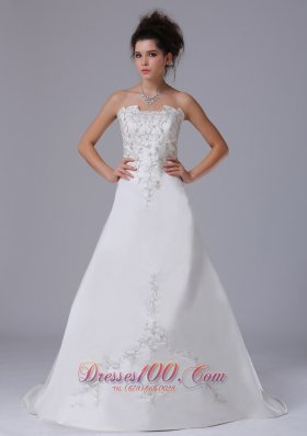 Strapless Satin Embroidery Sweep Wedding Dress For Spring