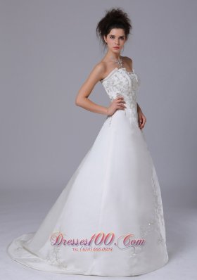 Strapless Satin Embroidery Sweep Wedding Dress For Spring