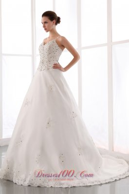 Spaghetti Straps Court Train Beaded Wedding Dress