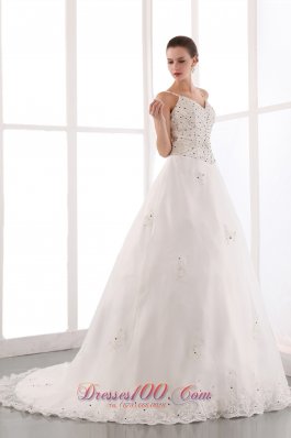 Spaghetti Straps Court Train Beaded Wedding Dress