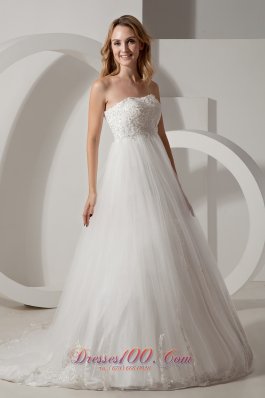 Appliques Brush Train Strapless Wedding Dress