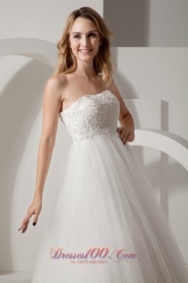 Appliques Brush Train Strapless Wedding Dress