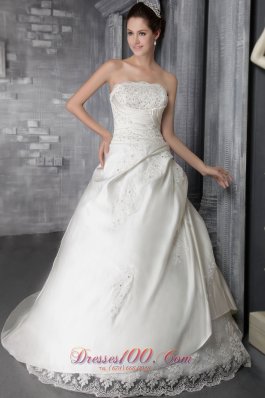 Lace Court Train Beading Strapless Wedding Dress