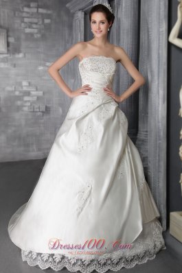 Lace Court Train Beading Strapless Wedding Dress