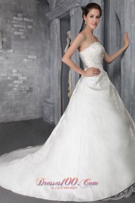 Lace Court Train Beading Strapless Wedding Dress