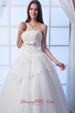 Tulle Beading Bow Strapless Wedding Gown Dress