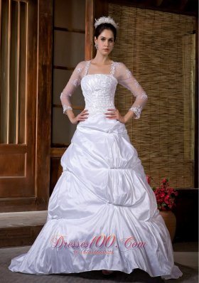 Taffeta Appliques Court Wedding Gowns With Sleeves