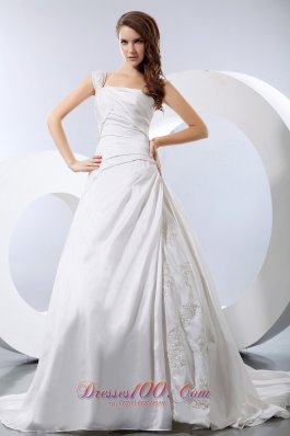 One Shoulder Appliques Chapel Train Ruch Wedding Dress