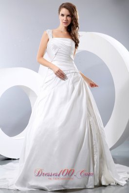 One Shoulder Appliques Chapel Train Ruch Wedding Dress