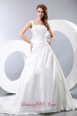 One Shoulder Appliques Chapel Train Ruch Wedding Dress