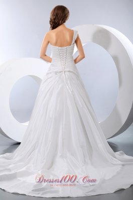 One Shoulder Appliques Chapel Train Ruch Wedding Dress