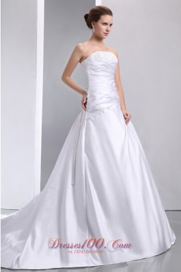 Ruched Taffeta Appliques Chapel Train Wedding Dress