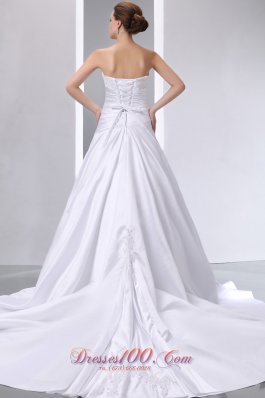 Ruched Taffeta Appliques Chapel Train Wedding Dress