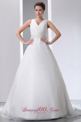 V Neck Beading Ruched Court Wedding Bridal Dresses