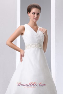 V Neck Beading Ruched Court Wedding Bridal Dresses