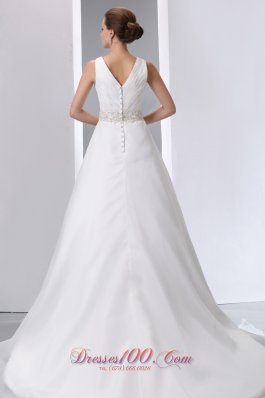 V Neck Beading Ruched Court Wedding Bridal Dresses