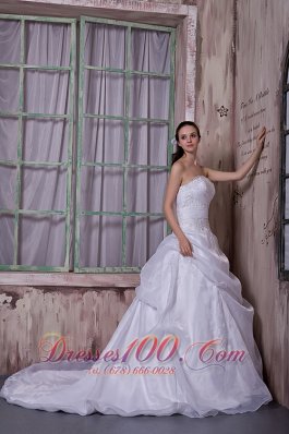 Organza Chapel Train Appliques Strapless Wedding Dress