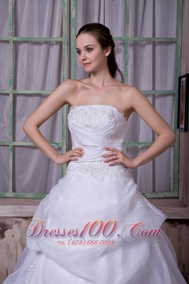 Organza Chapel Train Appliques Strapless Wedding Dress