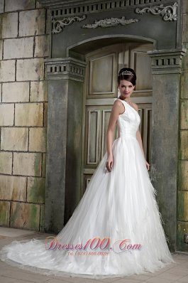 Feather One Shoulder Court Train Wedding Dresses