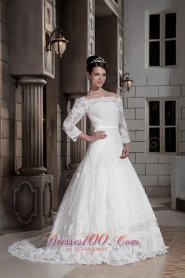 Off The Shoulder Appliques Brush Sleeves Wedding Dress