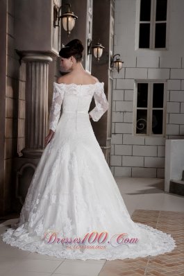 Off The Shoulder Appliques Brush Sleeves Wedding Dress