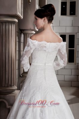 Off The Shoulder Appliques Brush Sleeves Wedding Dress