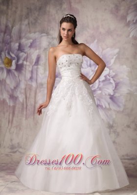 Strapless Beading Tulle Beach Wedding Dress A Line