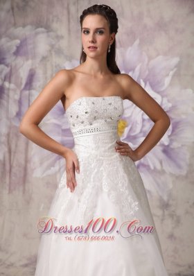 Strapless Beading Tulle Beach Wedding Dress A Line