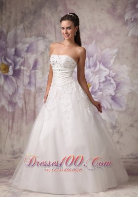 Strapless Beading Tulle Beach Wedding Dress A Line