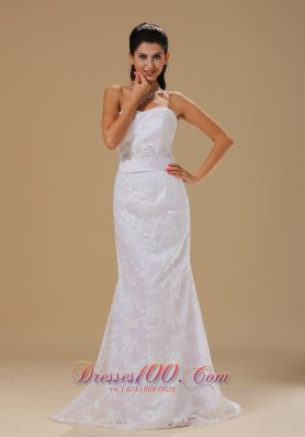 Beaded Lace Strapless Brush Wedding Dress