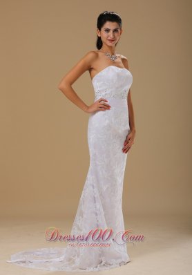 Beaded Lace Strapless Brush Wedding Dress